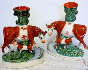 Pair of Antique English Victorian Staffordshire Pottery Cow and Calf Spill Vases