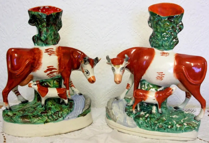 Pair of Antique Victorian Staffordshire Cow & Calf Spill Vases