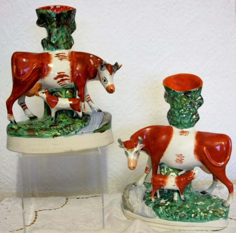 Pair of Antique Victorian Staffordshire Cow & Calf Spill Vases