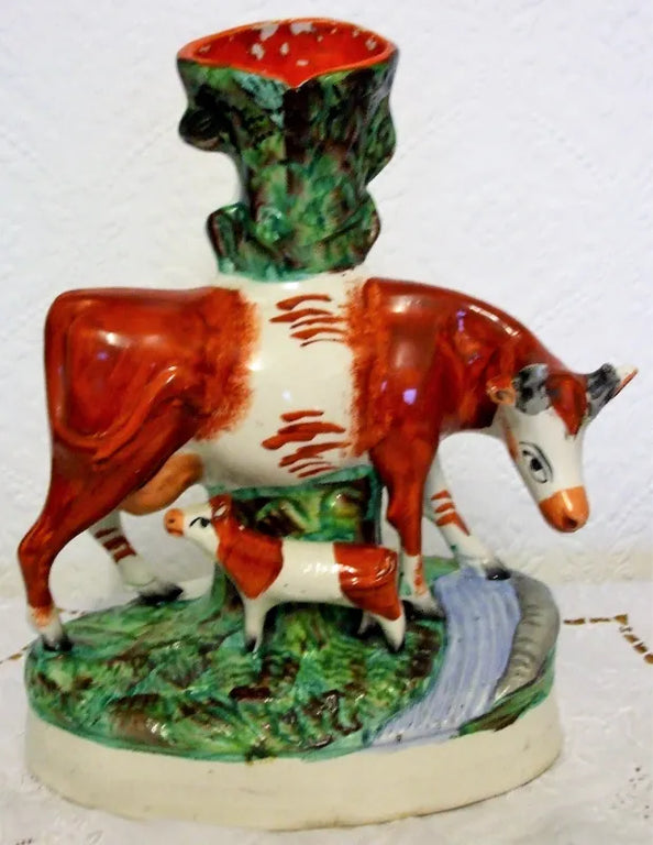 Pair of Antique Victorian Staffordshire Cow & Calf Spill Vases