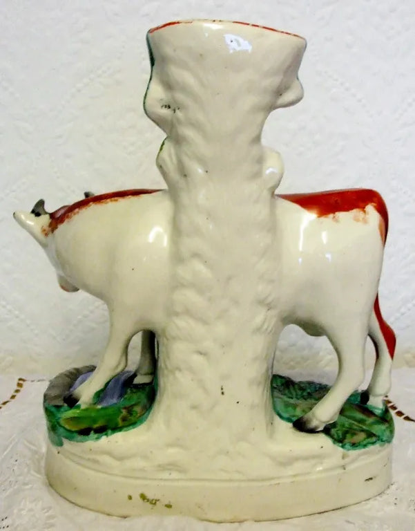 Pair of Antique Victorian Staffordshire Cow & Calf Spill Vases