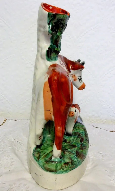 Pair of Antique Victorian Staffordshire Cow & Calf Spill Vases