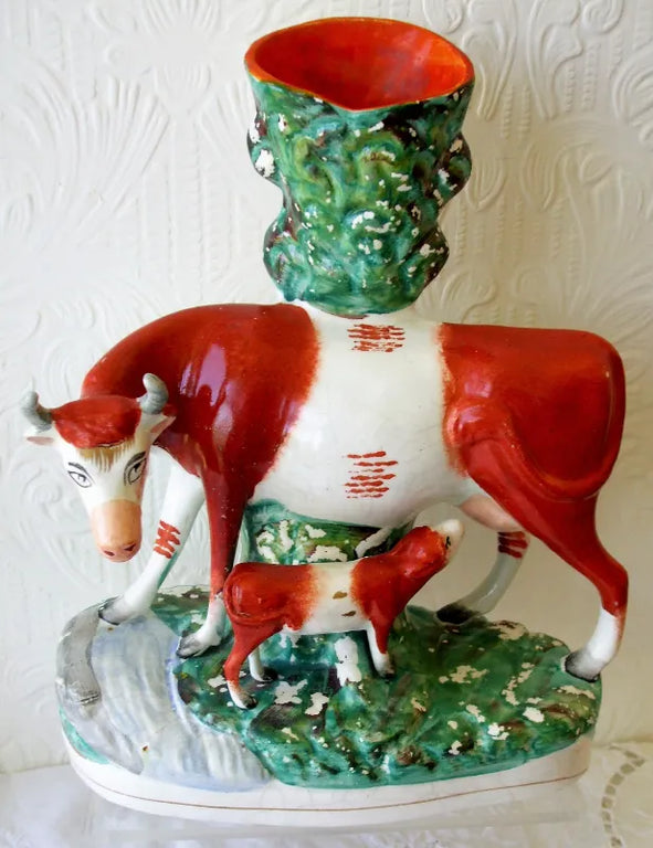 Pair of Antique Victorian Staffordshire Cow & Calf Spill Vases