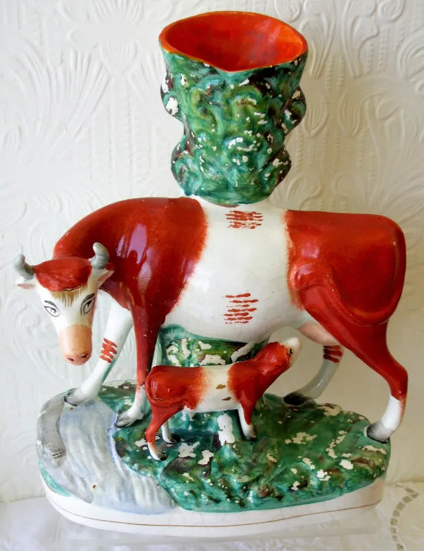 Pair of Antique Victorian Staffordshire Cow & Calf Spill Vases