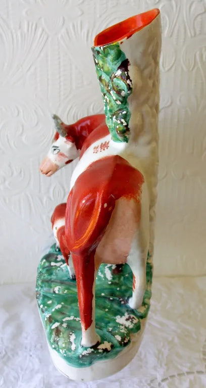 Pair of Antique Victorian Staffordshire Cow & Calf Spill Vases