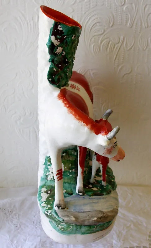 Pair of Antique Victorian Staffordshire Cow & Calf Spill Vases