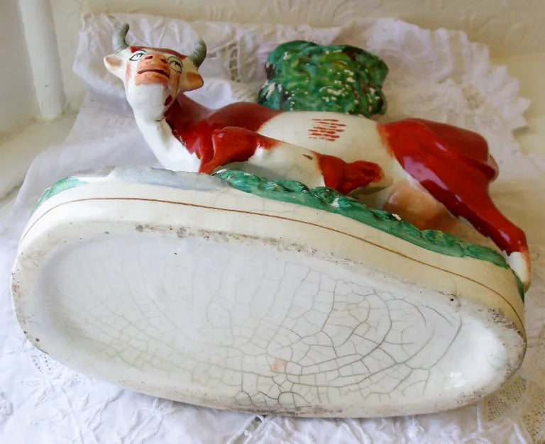 Pair of Antique Victorian Staffordshire Cow & Calf Spill Vases