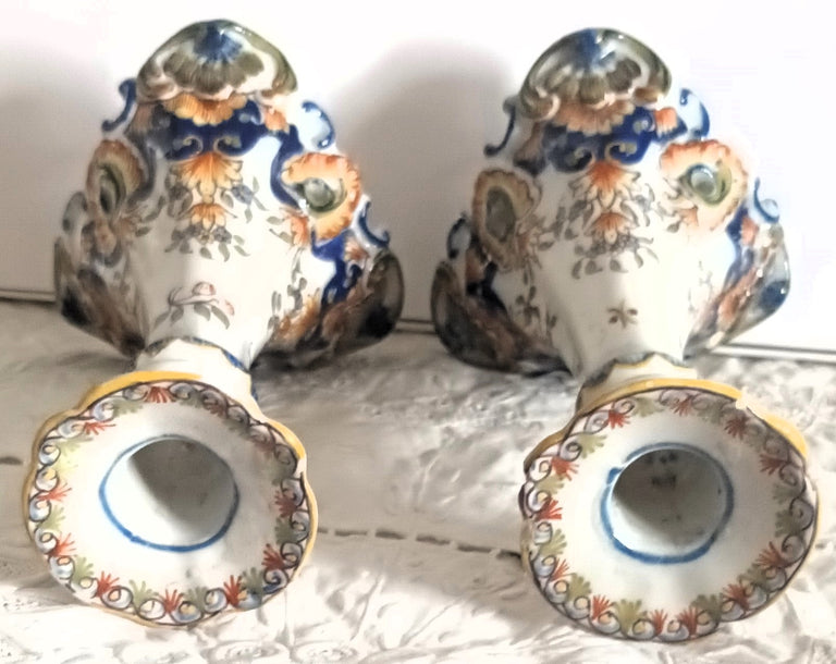 Pair of Antique Desvres French Faience Candlesticks