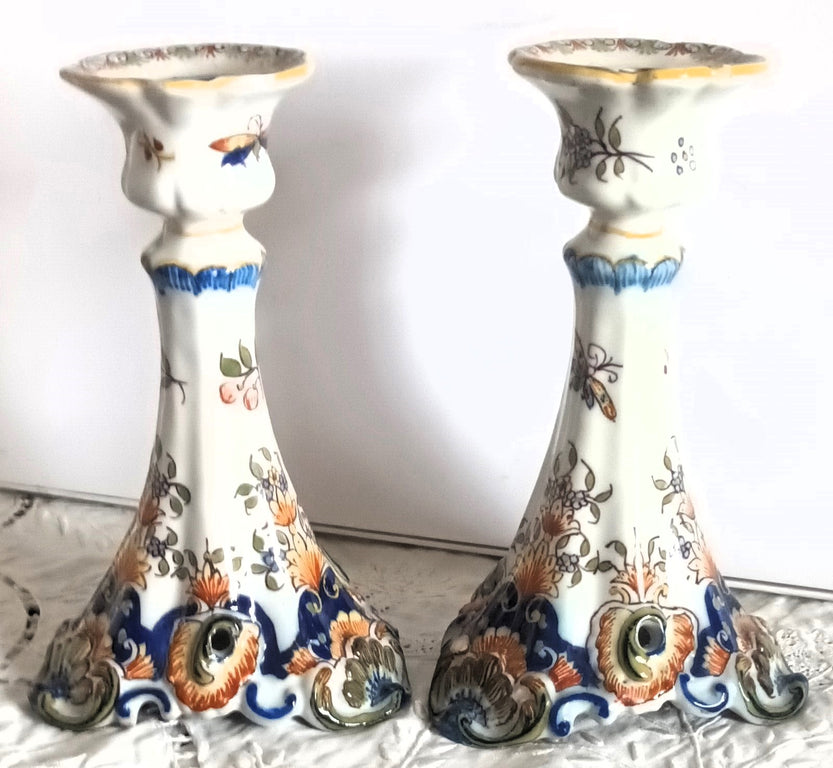 Pair of Antique Desvres French Faience Candlesticks