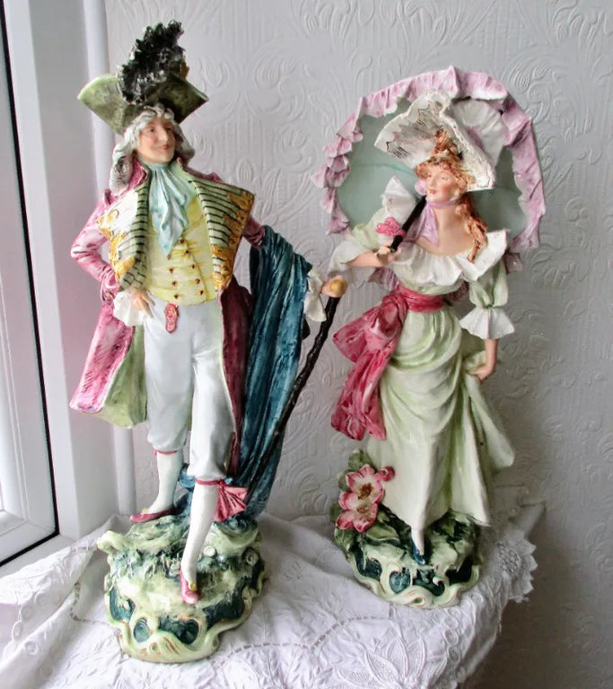 Pair of Antique French Faience Figurines  ~ A Gallant and his Lady