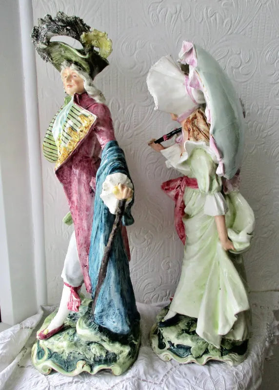 Pair of Antique French Faience Figurines  ~ A Gallant and his Lady