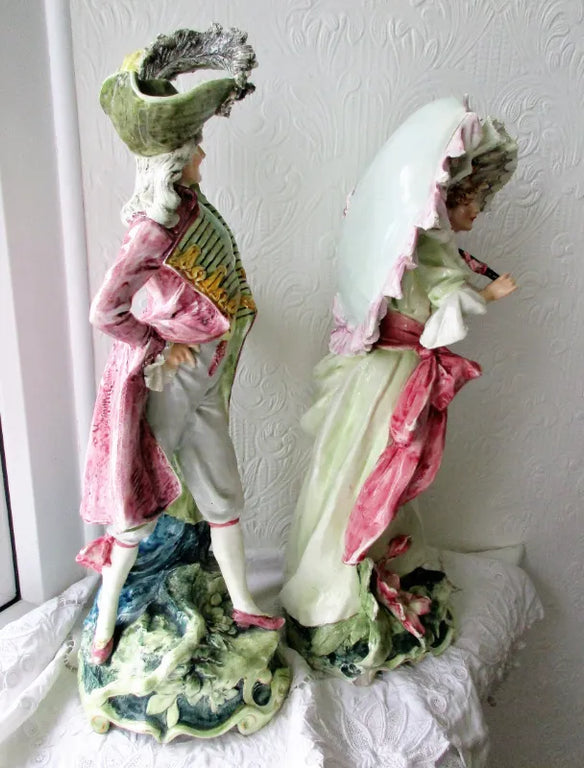 Pair of Antique French Faience Figurines  ~ A Gallant and his Lady