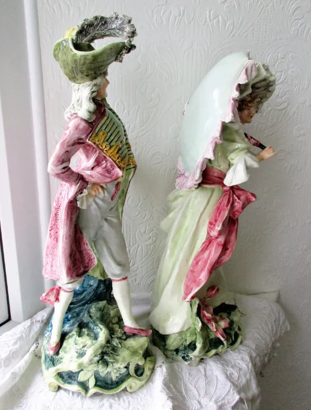 Pair of Antique French Faience Figurines  ~ A Gallant and his Lady