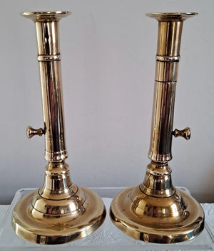 Matched Pair of Antique English Georgian "Slide Ejector" Brass Candlesticks