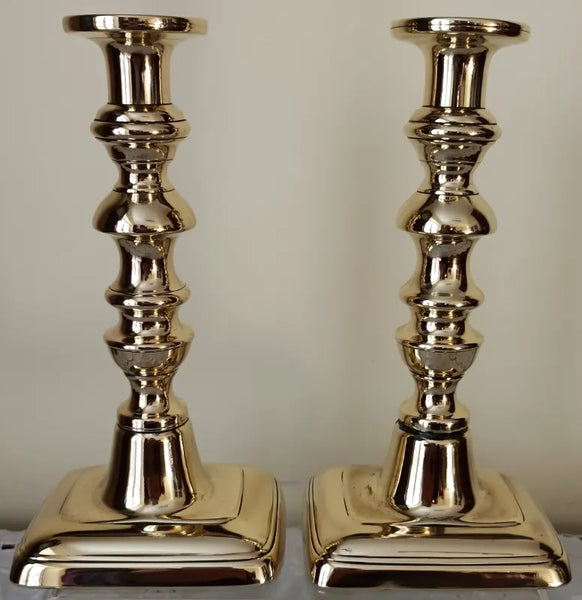Pair of Antique English Georgian Brass Candlesticks ~ J.T. & Co