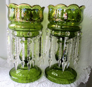 Pair of Antique English Victorian Green Glass Lustres