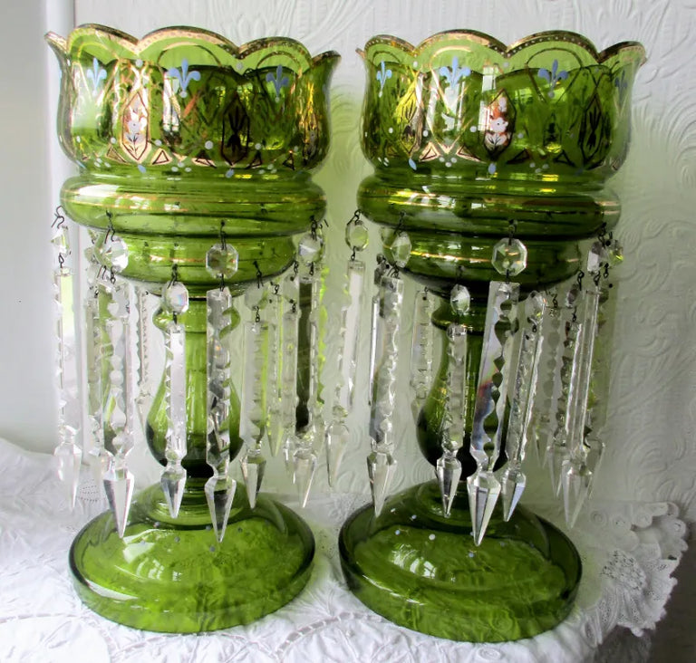 Pair of Antique English Victorian Green Glass Lustres