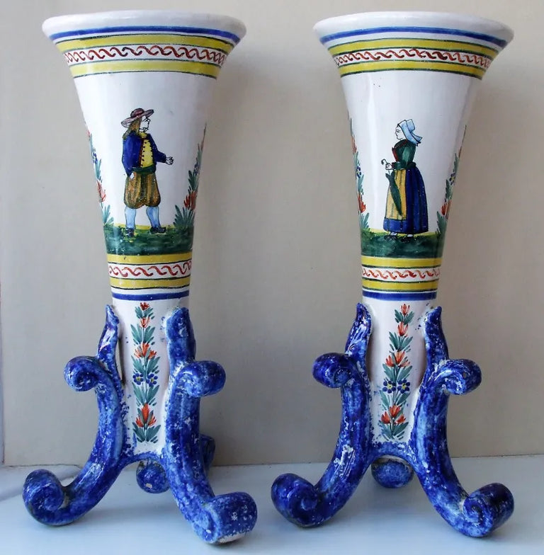 Pair of Antique HR Quimper French Faience Trumpet Vases