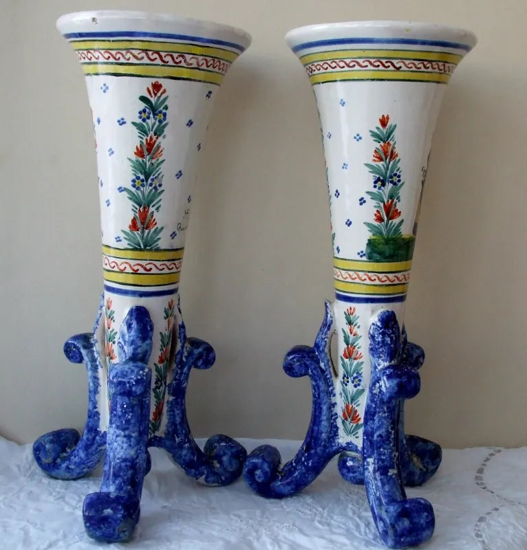 Pair of Antique HR Quimper French Faience Trumpet Vases