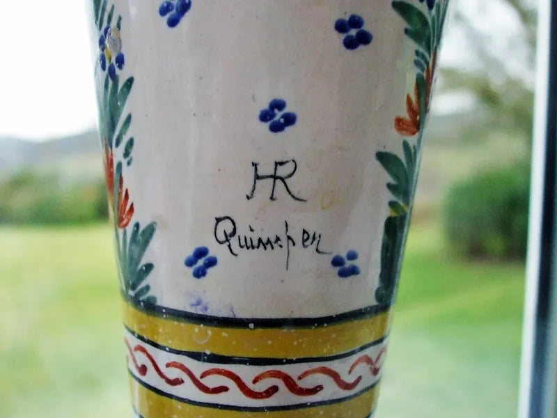 Pair of Antique HR Quimper French Faience Trumpet Vases