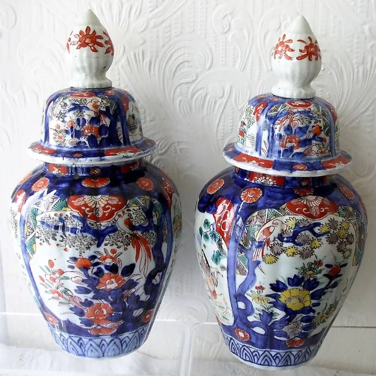 Pair of Antique Japanese Meiji Period Imari Vases & Covers