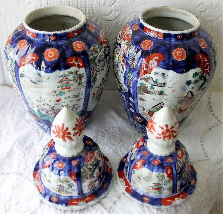Pair of Antique Japanese Meiji Period Imari Vases & Covers