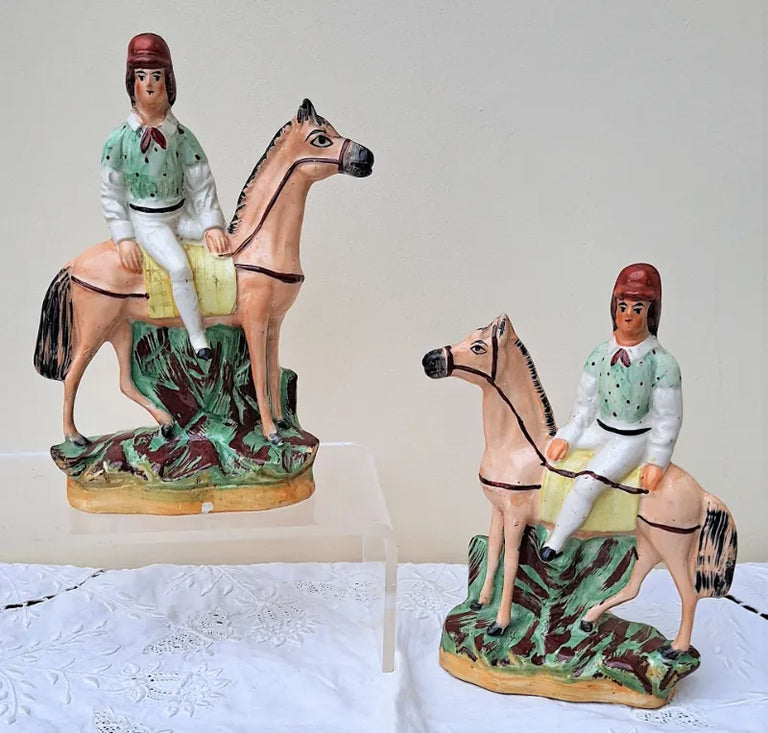 Pair of Antique Victorian Staffordshire Figures of Mounted Jockeys
