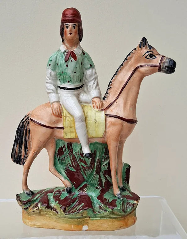 Pair of Antique Victorian Staffordshire Figures of Mounted Jockeys