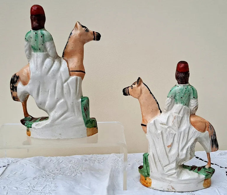 Pair of Antique Victorian Staffordshire Figures of Mounted Jockeys