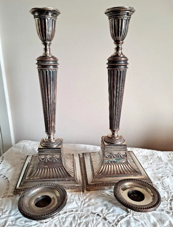 Pair of Antique English Georgian Old Sheffield Plate Candlesticks