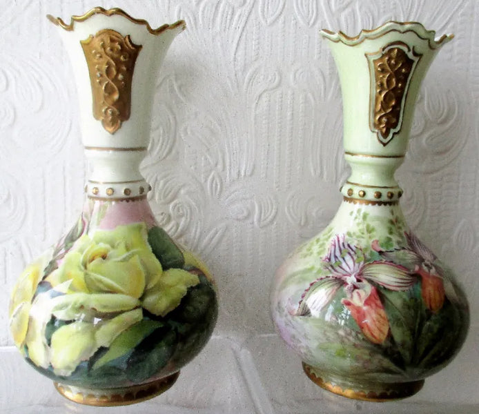 Pair of Hand-Painted & Gilded Porcelain Vases ~ Roses and Orchids