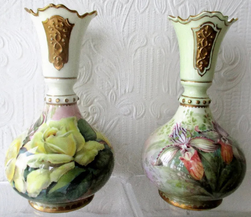 Pair of Hand-Painted & Gilded Porcelain Vases ~ Roses and Orchids