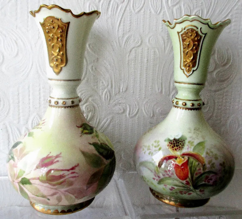 Pair of Hand-Painted & Gilded Porcelain Vases ~ Roses and Orchids