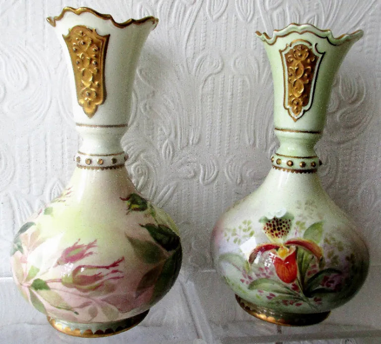 Pair of Hand-Painted & Gilded Porcelain Vases ~ Roses and Orchids