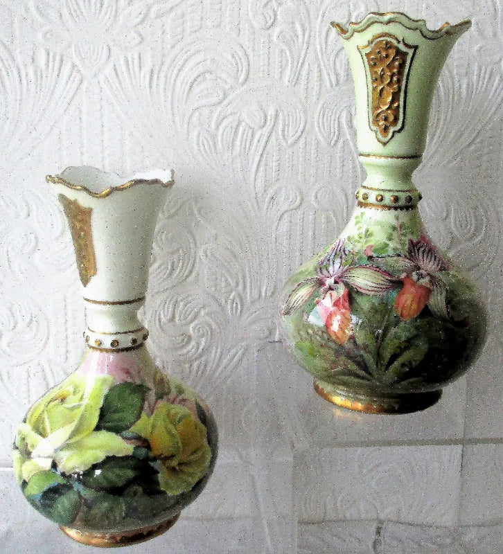 Pair of Hand-Painted & Gilded Porcelain Vases ~ Roses and Orchids