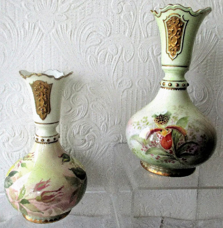 Pair of Hand-Painted & Gilded Porcelain Vases ~ Roses and Orchids