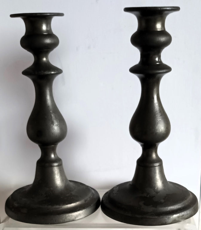 Pair of Antique English Victorian Pewter Candlesticks