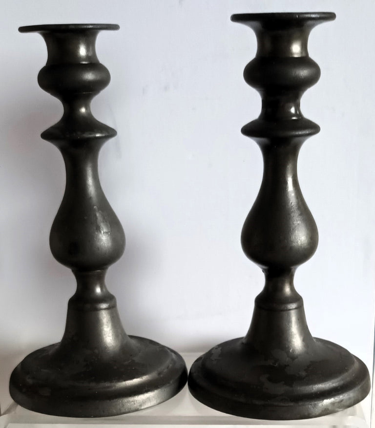 Pair of Antique English Victorian Pewter Candlesticks
