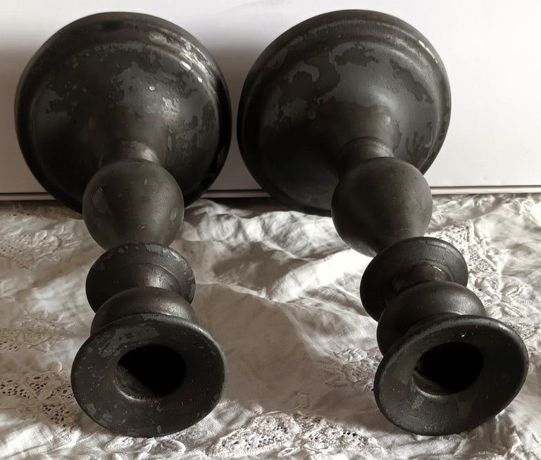 Pair of Antique English Victorian Pewter Candlesticks