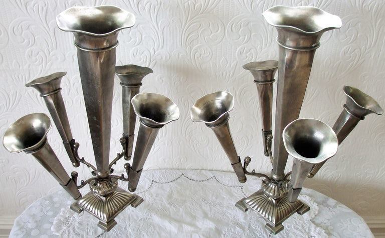 Pair of Antique English Victorian Arts & Crafts Pewter Epergnes