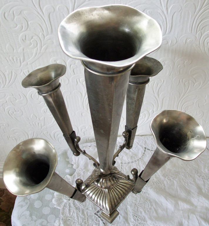 Pair of Antique English Victorian Arts & Crafts Pewter Epergnes