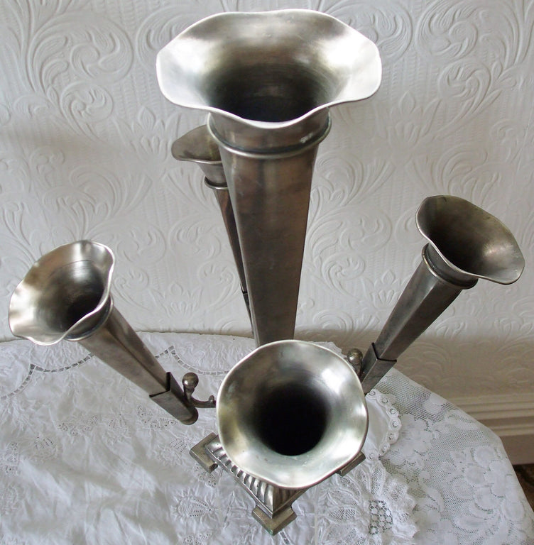 Pair of Antique English Victorian Arts & Crafts Pewter Epergnes