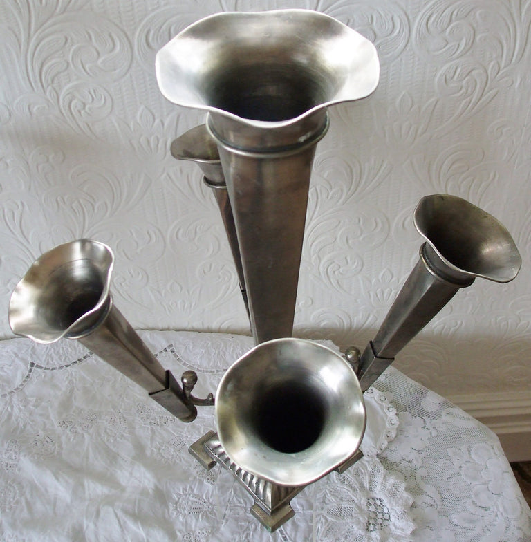 Pair of Antique English Victorian Arts & Crafts Pewter Epergnes