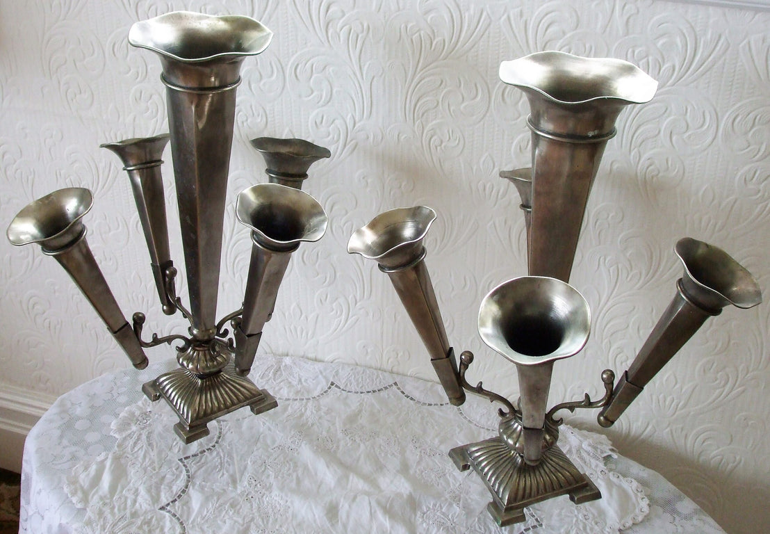 Pair of Antique English Victorian Arts & Crafts Pewter Epergnes