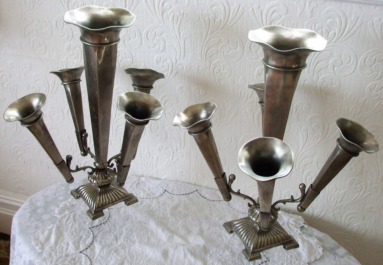 Pair of Antique English Victorian Arts & Crafts Pewter Epergnes