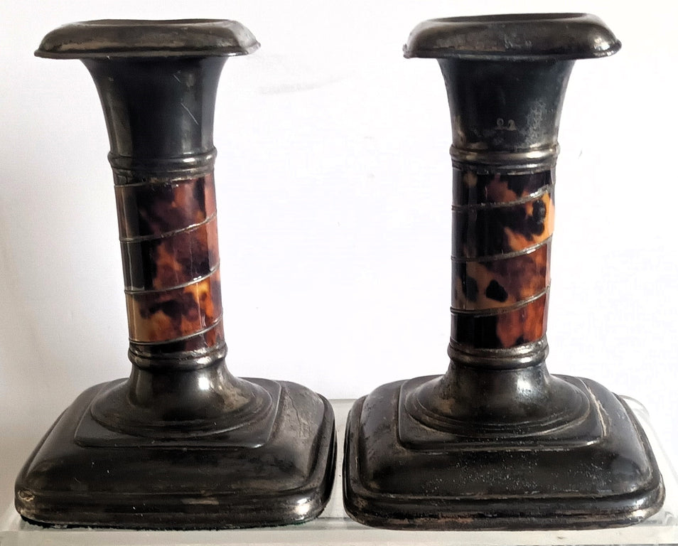 Pair of Antique Victorian Pewter and Tortoiseshell Candlesticks