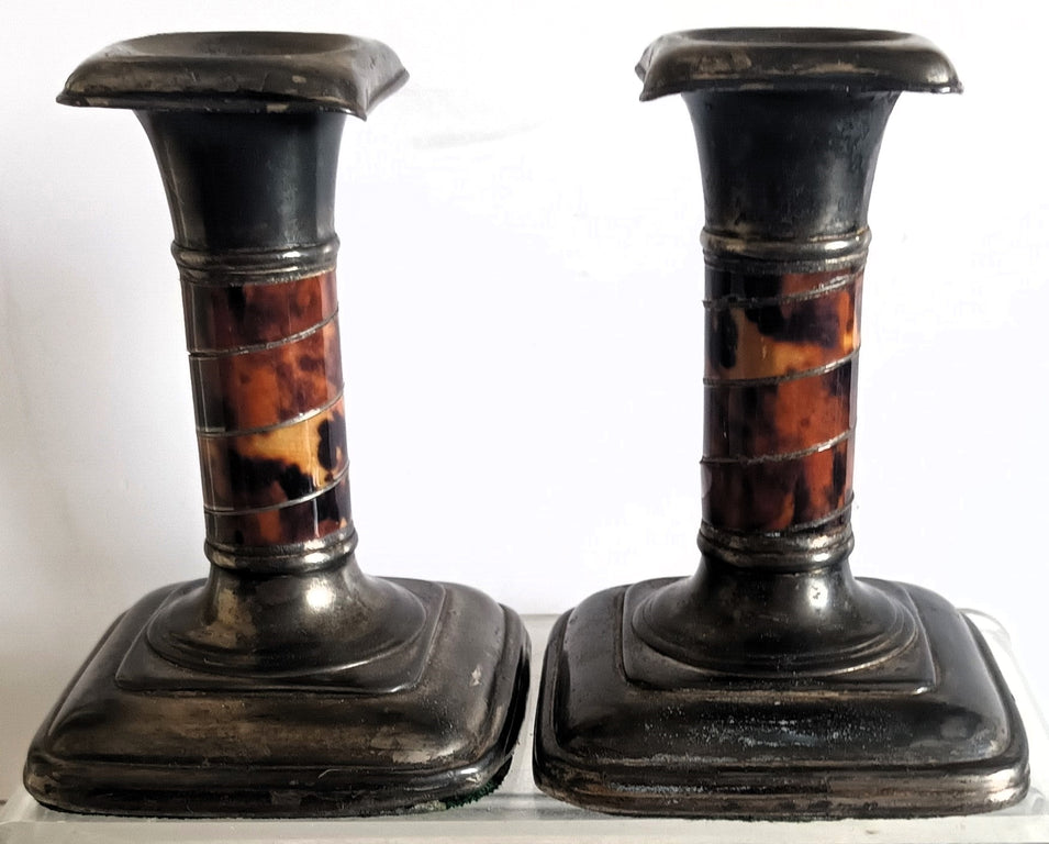 Pair of Antique Victorian Pewter and Tortoiseshell Candlesticks