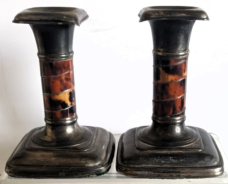 Pair of Antique Victorian Pewter and Tortoiseshell Candlesticks
