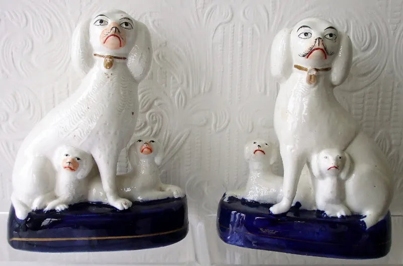 Pair of Antique English Victorian Staffordshire Pottery Poodles with Pups