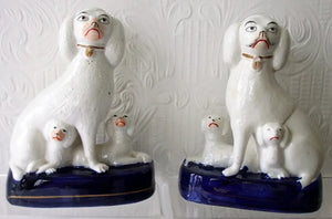 Pair of Antique English Victorian Staffordshire Pottery Poodles with Pups